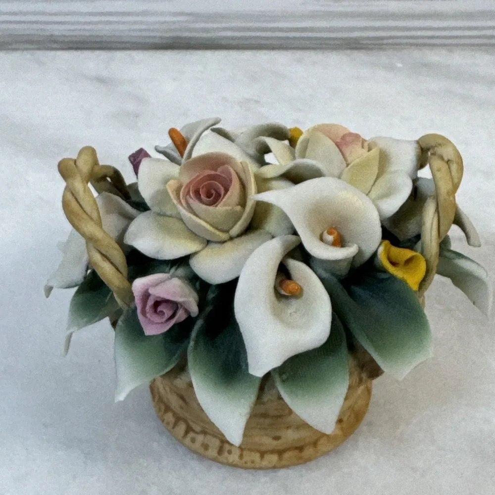 Vintage Genuine Capodimonte Rose Basket Flowers 3x2